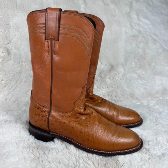 Justin Ostrich Roper Western Cowboy Boots Size 7B Style L3021 Cognac Brown USA - Picture 1 of 8